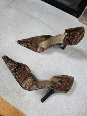 Vintage Tapestry Paisley D'Orsay Heels Pointed Toe Glitter Sz 8W Brown Orange